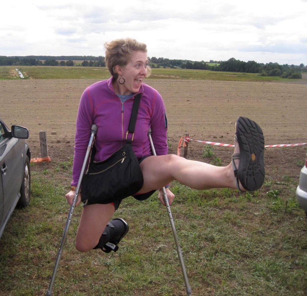 Ketti Wilhelm leaping around on her crutches at a music festival outside of Minsk, Belarus. ©KettiWilhelm2015