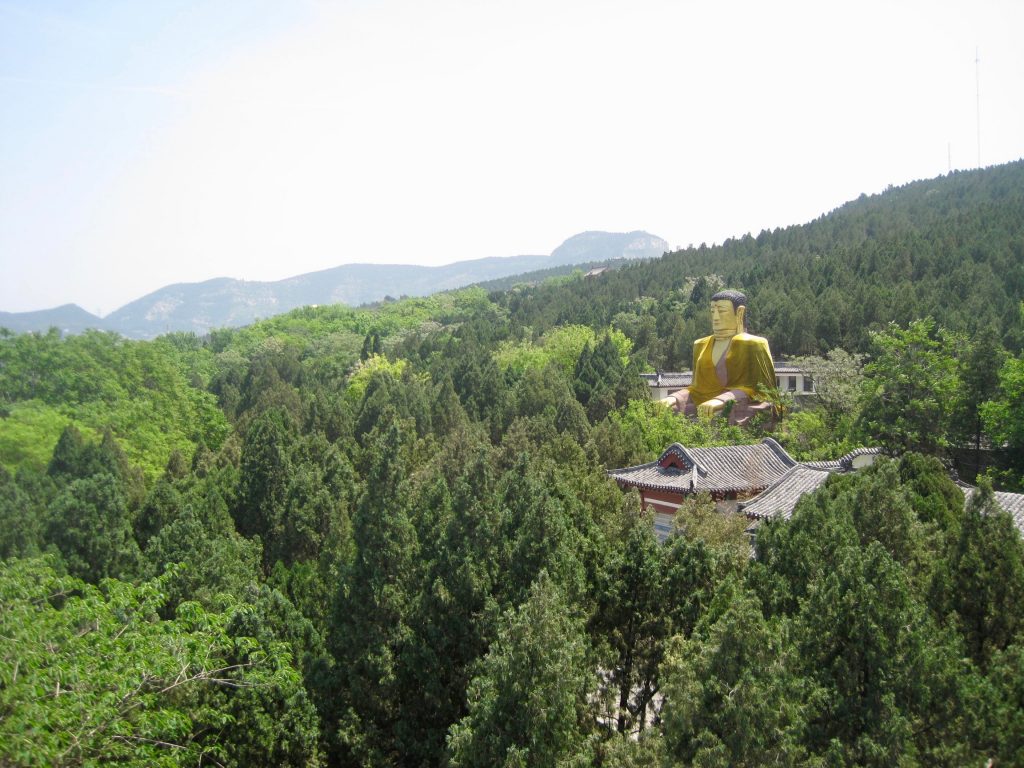 A golden Buddha statue peeking out the trees in Jinan, China. ©KettiWilhelm2014