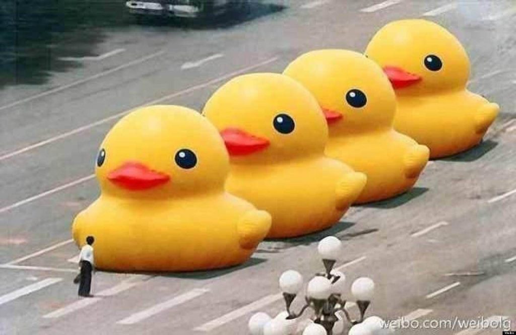 Teaching about pollution in China means sneaking past censorship, just like this altered photo of Tank Man facing down rubber ducks.