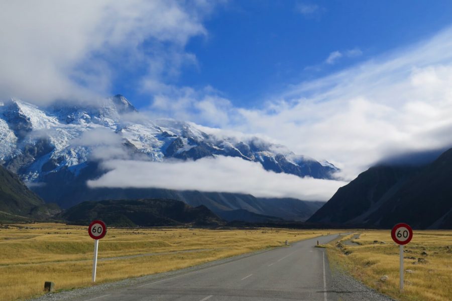 A few clouds and mostly blue sky on the road to Mount Cook, New Zealand. ©KettiWilhelm2016