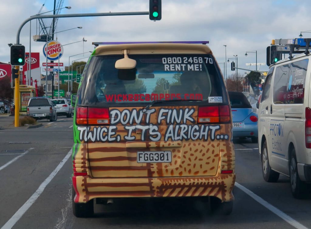 A graffitied Wicked brand camper van in New Zealand. ©KettiWilhelm2016