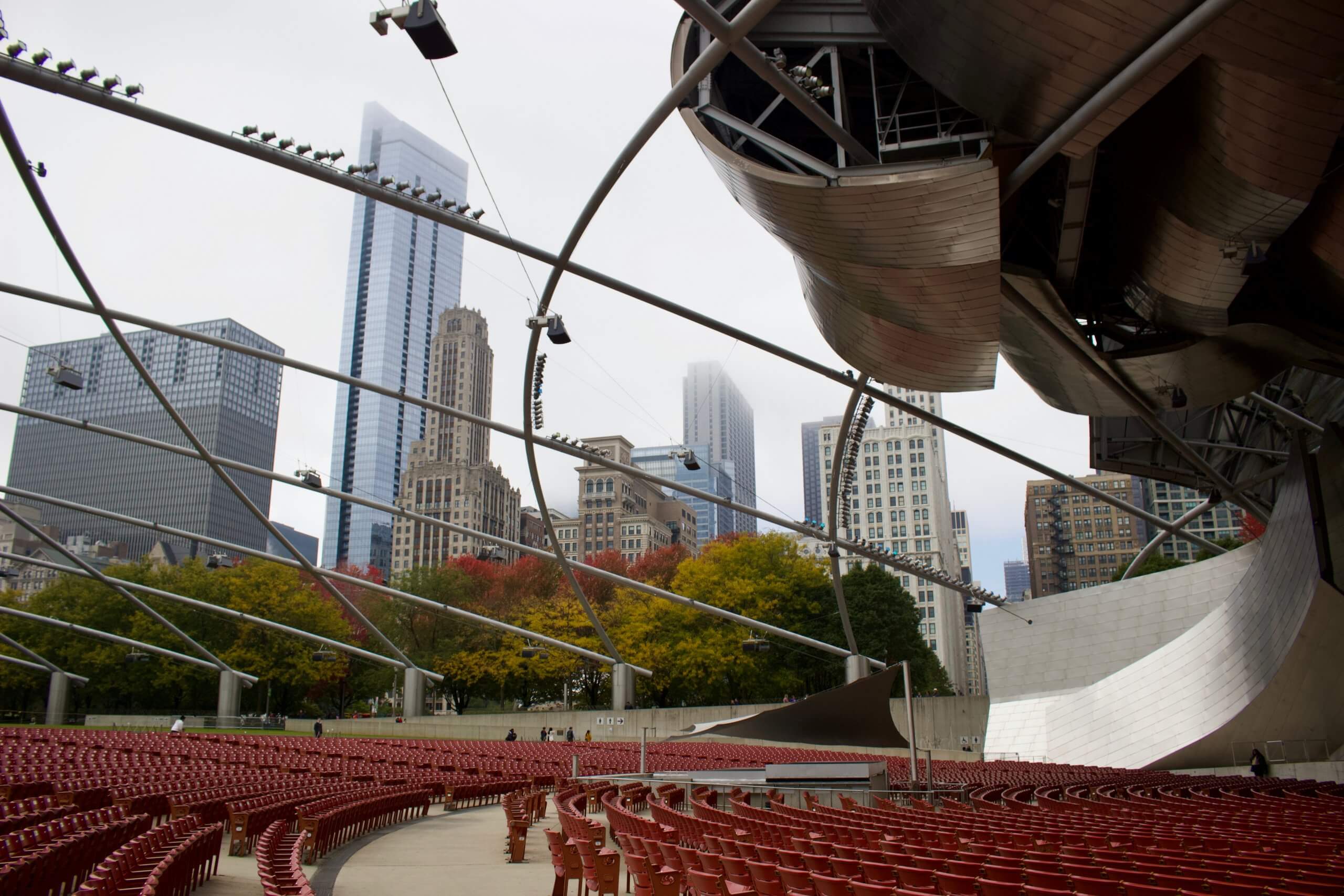 Inside Chicago's empty Pritzker Pavilion concert hall.