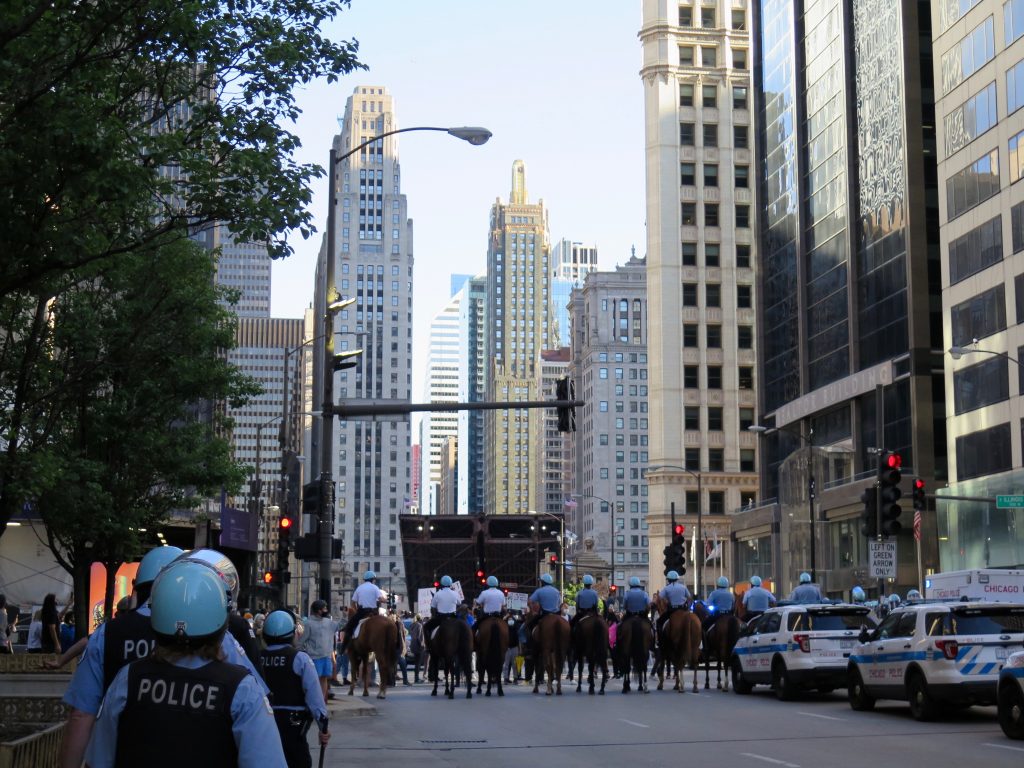 Police lined up on horseback on Chicago's Michigan Avenue, during protests over George Floyd's death. ©KettiWilhelm2020