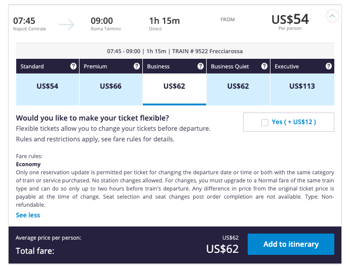 A screenshot from the ItaliaRail website showing a fare of $62 in Business class from Naples to Rome. (A good discount on a train ticket in Italy!) ©KettiWilhelm2020