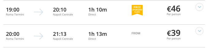 Yellow flag in ItaliaRail showing a free upgrade to a better seat on a TrenItalia train from Rome to Naples. 