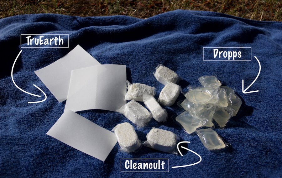 TruEarth, Cleancult, and Dropps laundry tabs compared (seen here laying on a blue towel). ©KettiWilhelm2020
