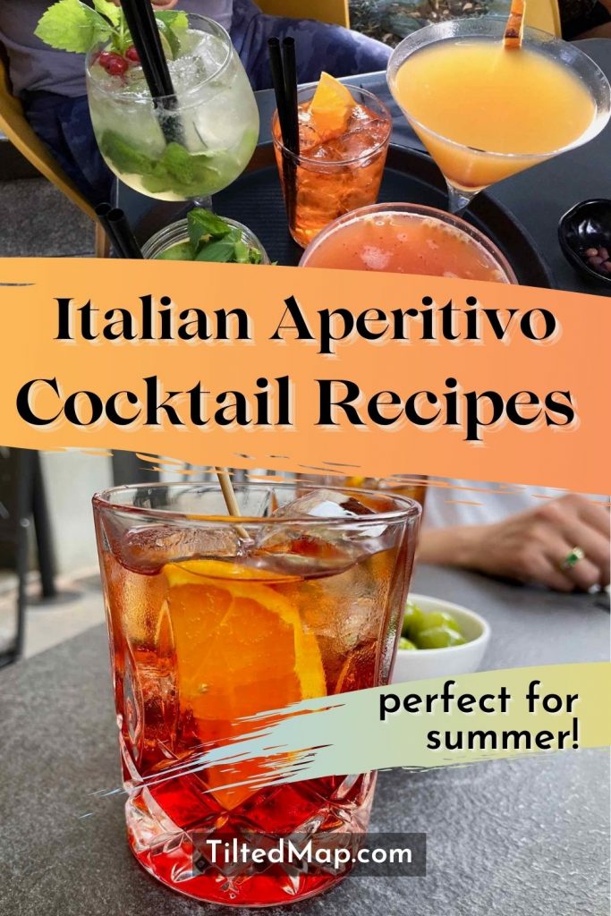 "Italian Aperitivo Cocktail Recipes – perfect for summer!" written on an orange background above a bright orange summery Aperol Spritz cocktail. Above the words are four colorful summer cocktails. ©KettiWilhelm2022