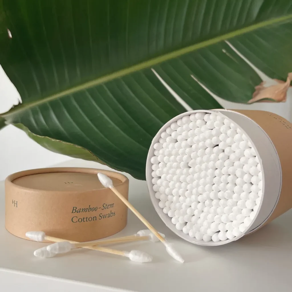 Plastic-free, bamboo cotton swabs in cardboard packaging from by Humankind. 
