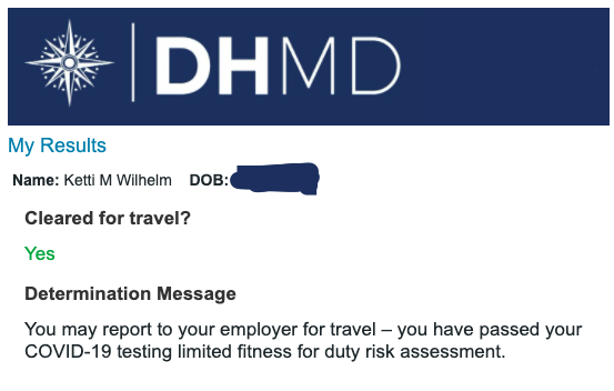 A screenshot of the author's COVID-19 test result, required for travel to Hawaii, which simply says "Cleared for travel? Yes." ©KettiWilhelm2020