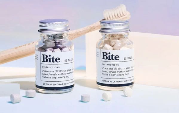 Bite's toothpaste tablets, pictured with and without charcoal, and with an eco-friendly bamboo toothbrush, reviewed here. 
