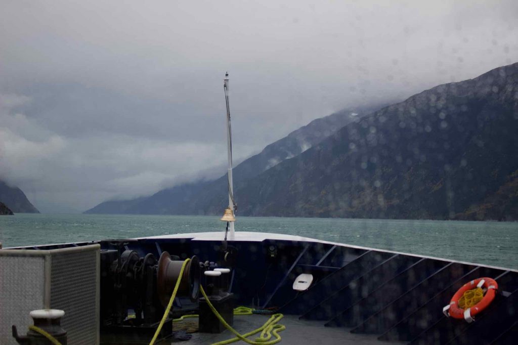 The rainy view from the front of the ferry, as it leaves Skagway on our trip to Juneau, Alaska. ©KettiWilhelm2021
