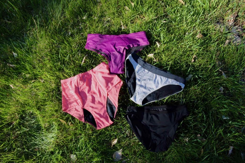 Four pairs of Thinx period underwear (which are reviewed in this post, along with other styles) lying flat on grass in the sunlight. The styles pictured are the Cheeky, Hi-Waist, Organic cotton bikini, and Thinx air bikini. ©KettiWilhelm2021