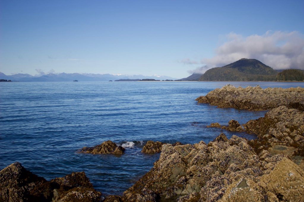 A pristine view of the water, mountains, and sunshine from a tidal island near Juneau. ©KettiWilhelm2021