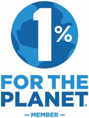 The business member logo for 1% For The Planet: The words written in two shades of blue, with “1%” in front of a blue globe icon. 