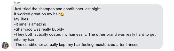 A message from my cousin detailing what she likes about the Earthling Co. shampoo and conditioner bars. ©KettiWilhelm2021