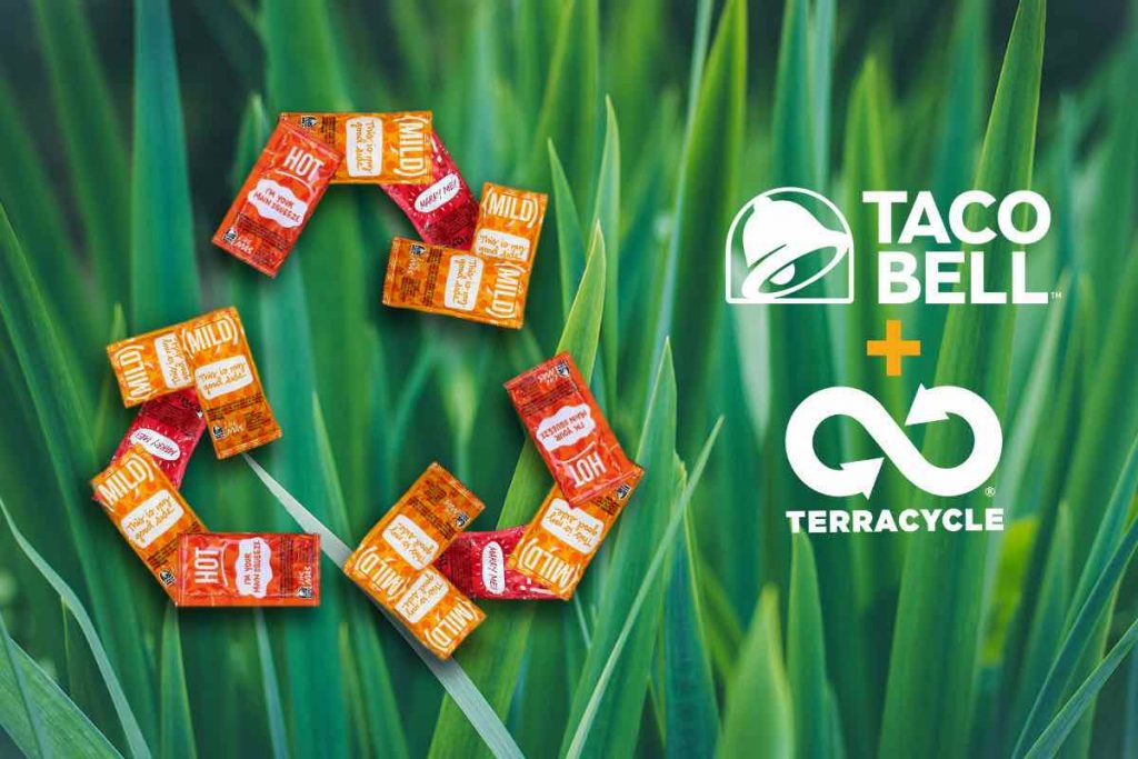 Promotional image of TerraCycle's upcoming program to recycle Taco Bell hot sauce packets.