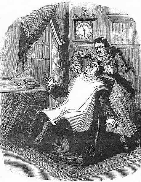 A black and white hand drawn graphic of Sweeny Todd, the literary character who murdered people with straight razors (the predecessor to the safety razors in this review).