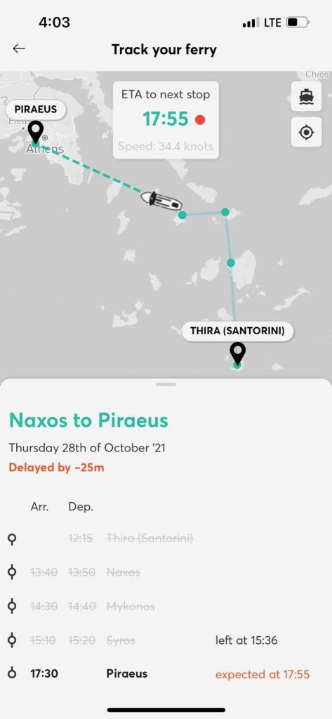 A screenshot from the FerryHopper app of the current location of a ferry traveling between Paros and Athens, Greece. ©KettiWilhelm2022