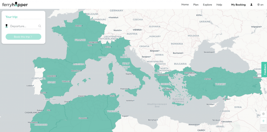 Map of the ferry routes travelers can book on FerryHopper in Greece, Northern Africa, and between European countries.