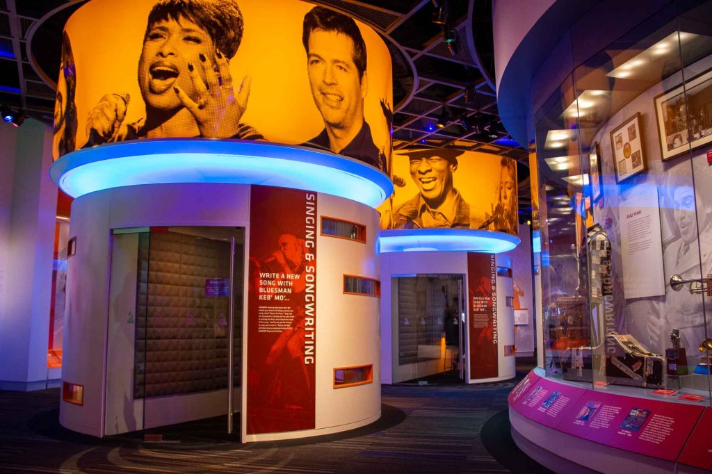 The colorful recording booth area inside the highly interactive Grammy Museum Mississippi, a stop on the Mississippi Blues Trail in the town of Cleveland. ©KettiWilhelm2022
