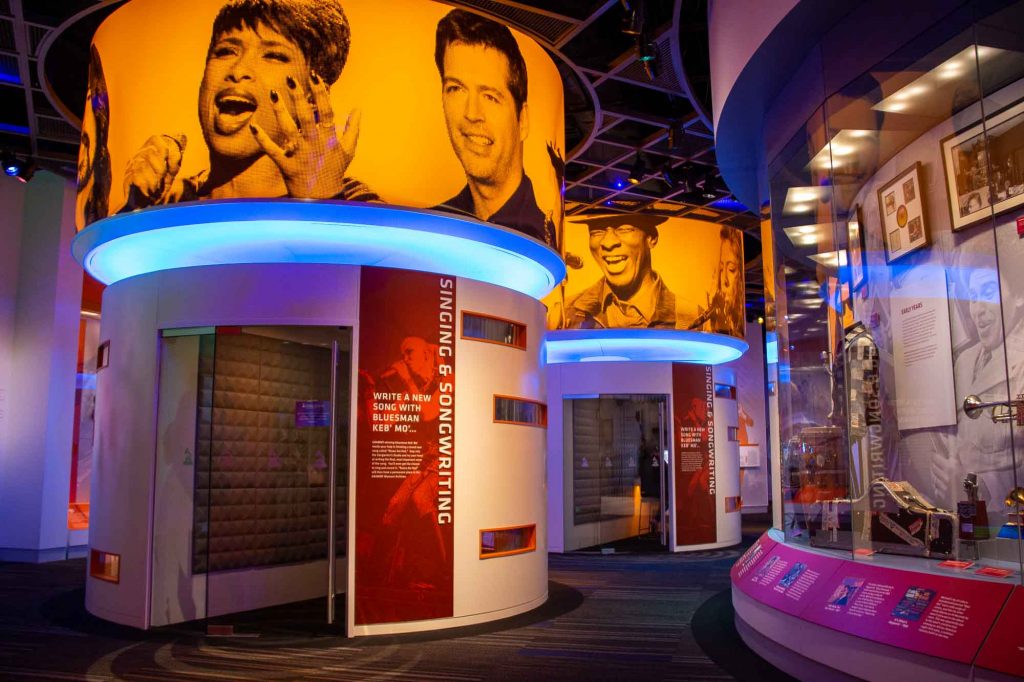 The colorful recording booth area inside the highly interactive Grammy Museum Mississippi, a stop on the Mississippi Blues Trail in the town of Cleveland. ©KettiWilhelm2022 