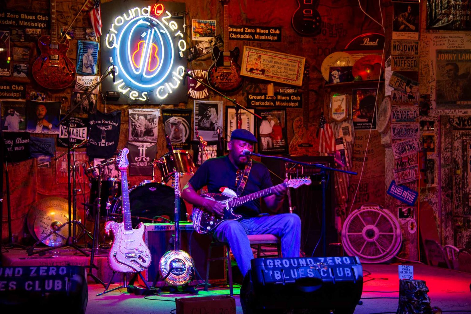 Blues artist Super Chikan performing on stage at Ground Zero Blues Club in Clarksdale