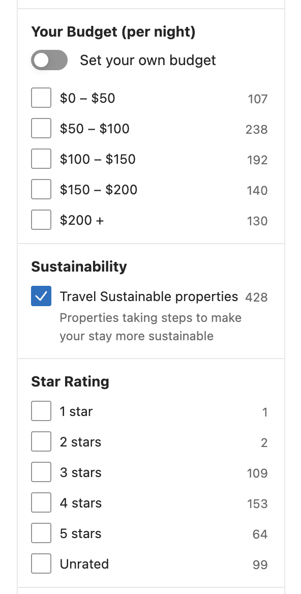 Booking.com's "Travel Sustainable properties" filter lets travelers search for more eco-friendly hotels and vacation rentals.