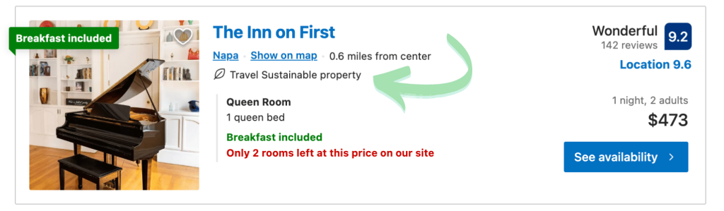 A screenshot of the Booking.com result for The Inn on First in Napa Valley, California, showing the "Travel Sustainable" badge. ©KettiWilhelm2023