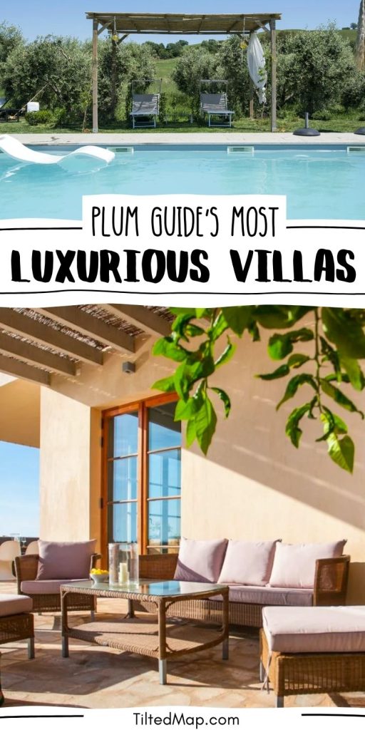 "Plum Guide's most Luxurious Villas" written in black text over photos of an outdoor patio area  and a private pool and cabana – features of two of the villas in Europe for rent in this guide. ©KettiWilhelm2023