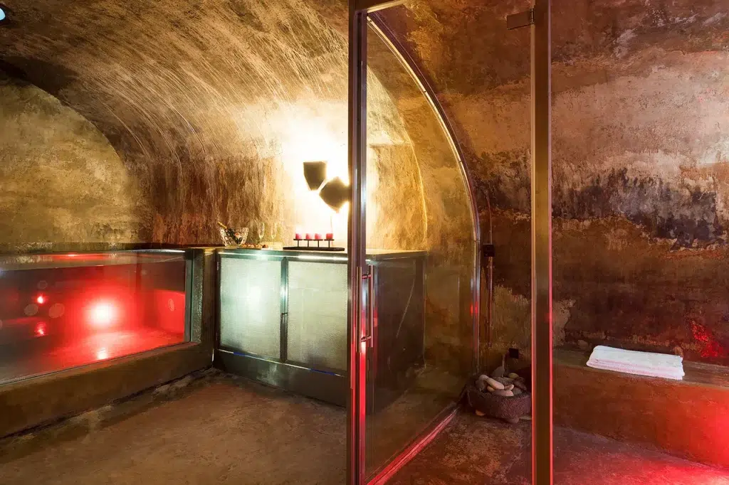 Inside the traditional Mediterranean stone sauna (or hammam) at this renovated, modern villa in Sicily.