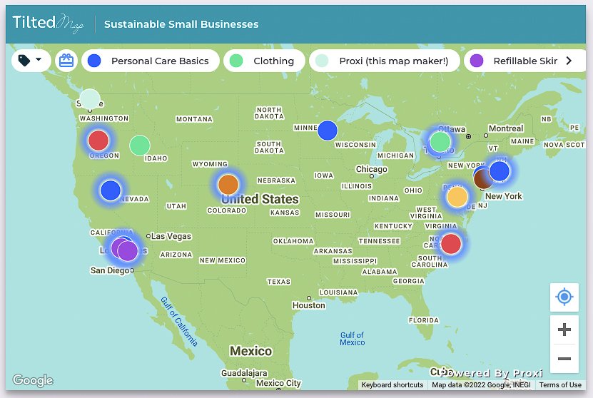 A map made using Proxi, an alternative to Google Maps, shows North America with brightly colored map points representing eco-friendly small businesses.