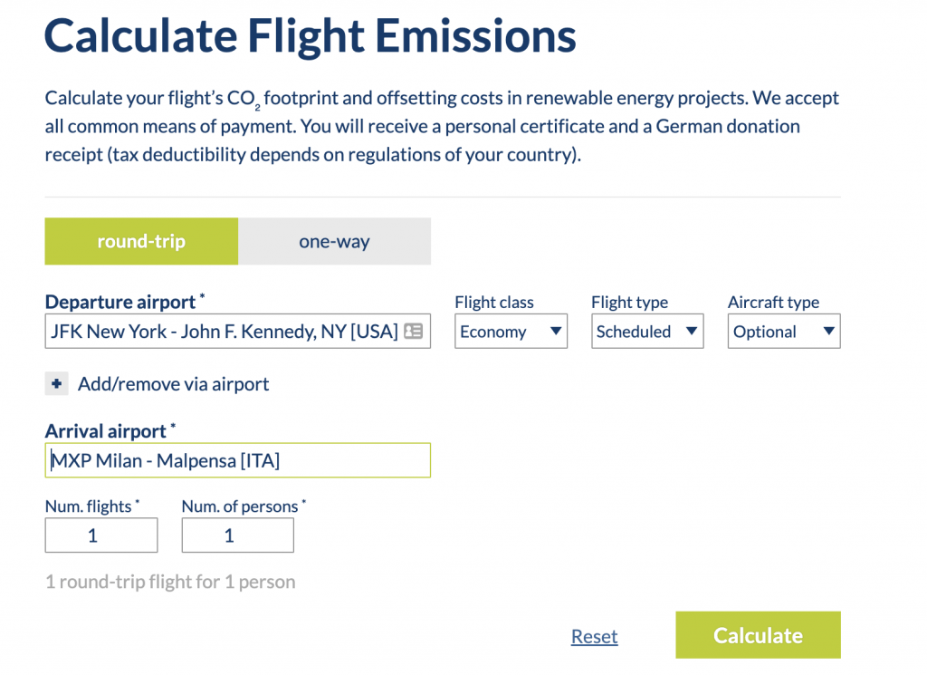 A screenshot of the Atmosfair flight emissions calculator shows the interface that we can use to calculate our emissions from flights.