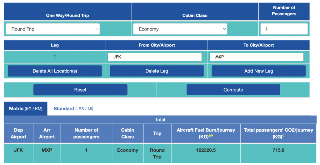 The interface of the ICAO carbon emissions calculator (which is the UN emissions calculator for flights), showing that users can easily toggle results between metric (kg of CO2 emissions per person per flight, and per passenger kilometer flown) and standard units (pounds of CO2 emissions per person per flight, and per passenger mile flown). ©KettiWilhelm2022