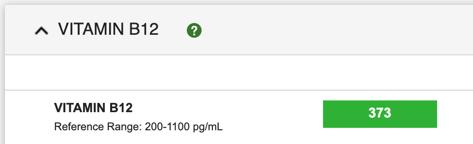 Blood test results showing a Vitamin B12 level of 373 after the reviewer took Terraseed's vegan vitamins for a few months after a deficiency. ©KettiWilhelm2023