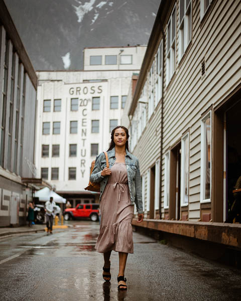 A model wearing ABLE Clothing brand, a sustainable and ethically made fashion brand, in Juneau, Alaska.