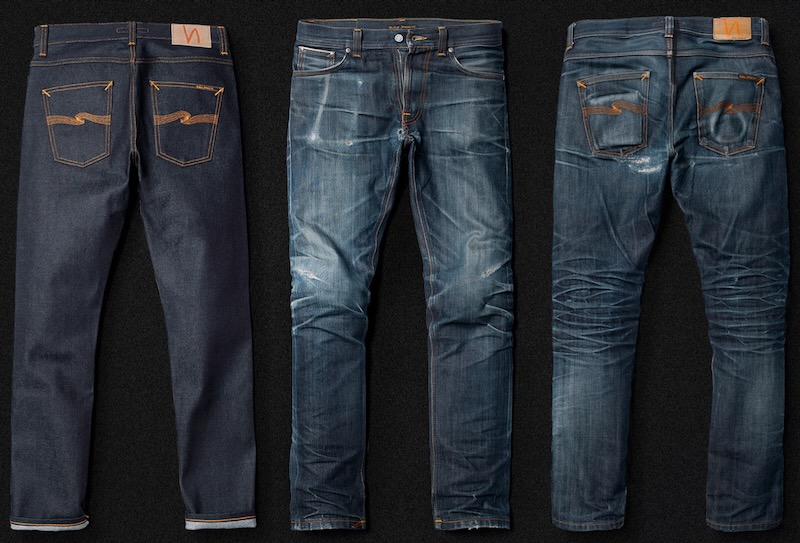 Three pairs of Nudie Jeans, a sustainable denim brand, at different stages of wear.