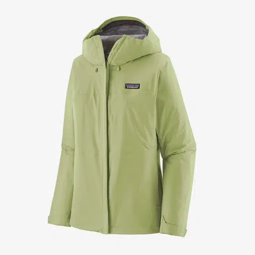 A light green women's Torrentshell rain jacket from Patagonia, one of my recommendations to pack for exploring Baja.