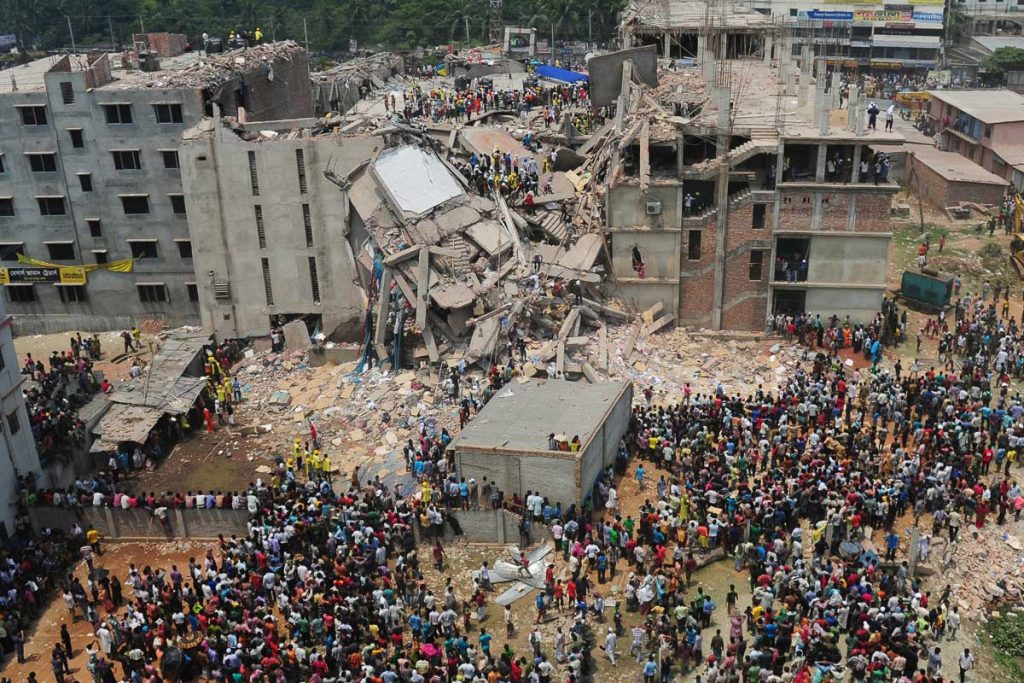 An aerial shot of the collapsed clothing factory at Rana Plaza, Bangladesh, which sparked a movement of sustainable and ethical clothing brands.