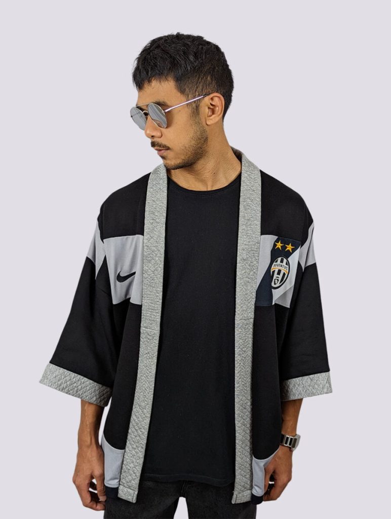 Upcycled kimono with Juventus football team logo created by The Flava Supplier, a Prague-based sustainable fashion brand.