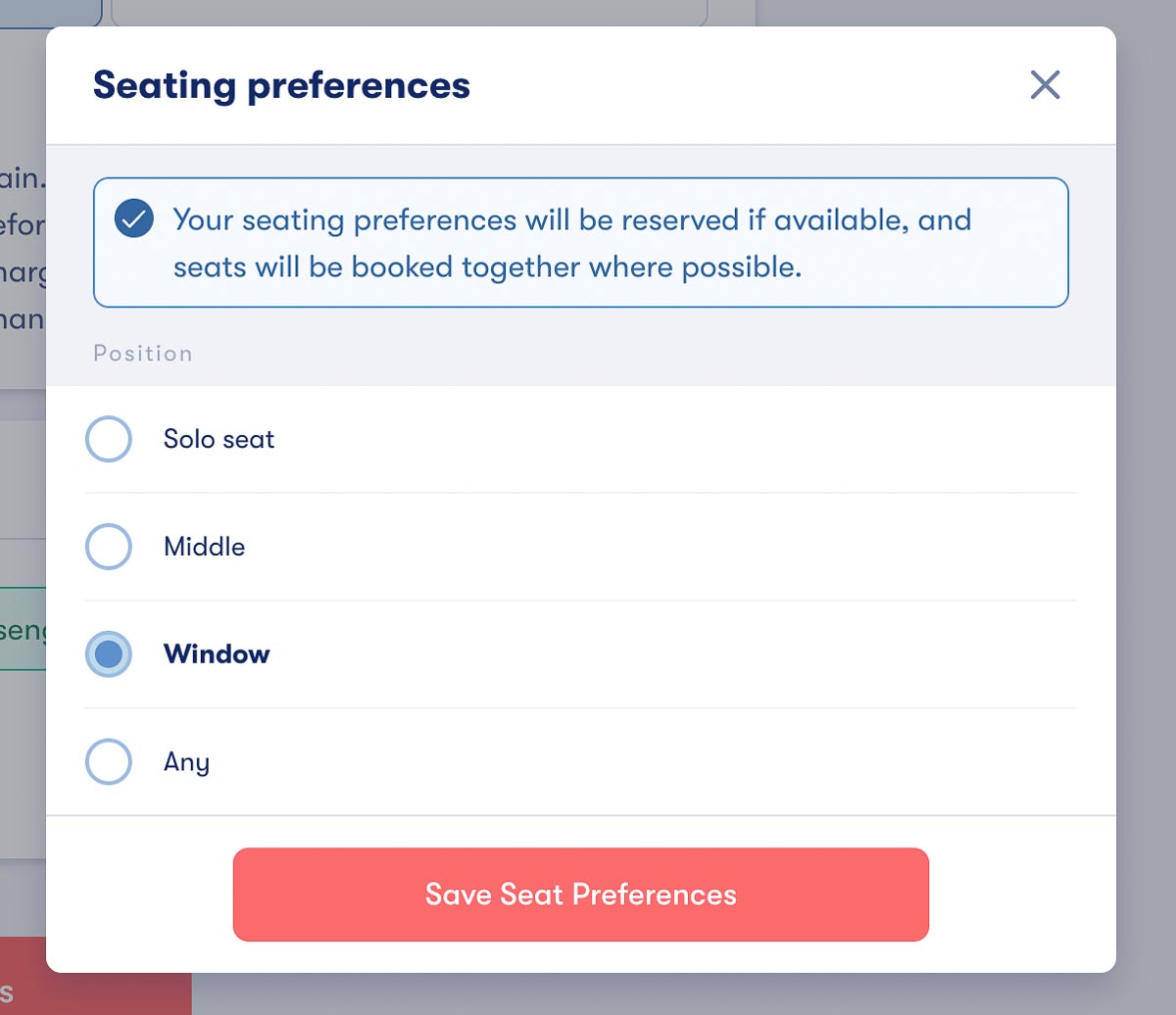 Options to choose a seat preference – window, aisle, solo seat, or any seat – on Italians trains on Omio. 