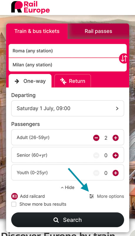 The "more options" button on Rail Europe that lets you add a "via station" or book multiple European train trips on one ticket.