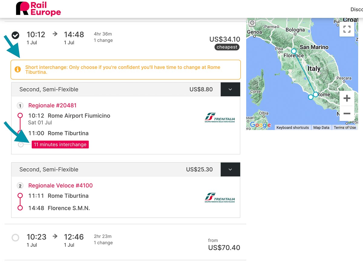 Rail Europe has the helpful feature of showing the connection time for train trips in Europe, as well as flagging short connections clearly.