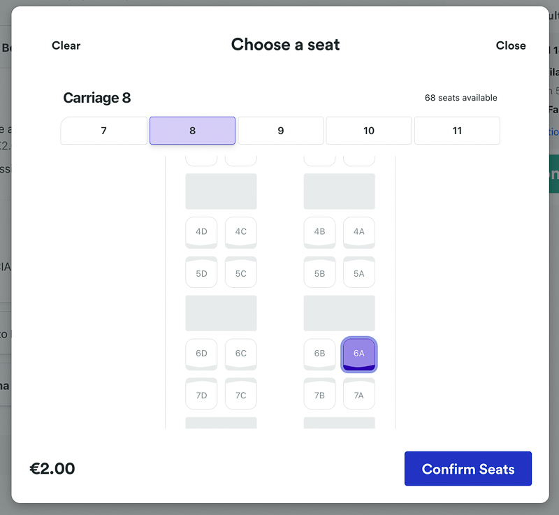 The seat map for choosing seats, for a fee, when booking train tickets in Europe on The Trainline.