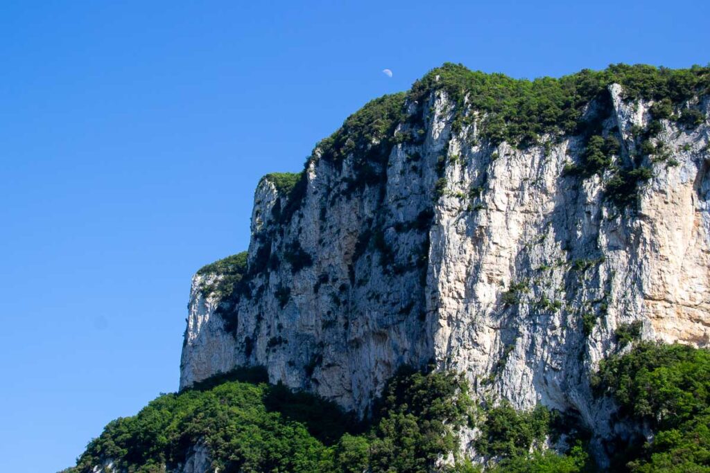 High, bright white rock cliffs in Marche, Italy, stick out of a deep green forest in front of a blue sky, with a half moon above the cliffs. ©KettiWilhelm2023