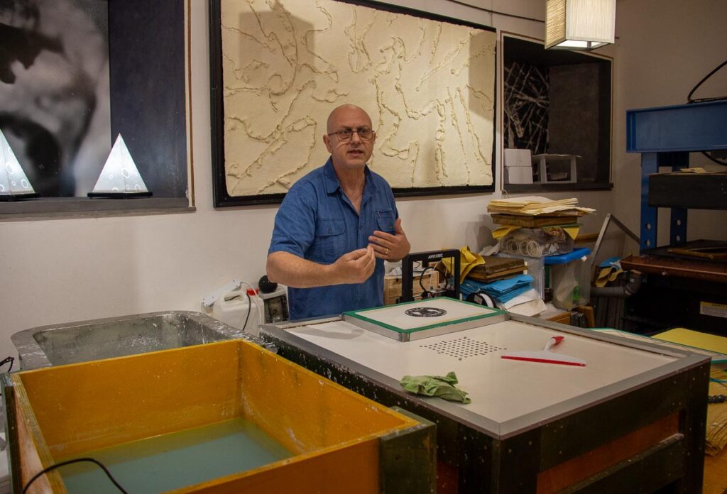 Fabriano, Italy, master paper maker Sandro Tiberi shows us his workshop at the beginning of bike tour in Italy. ©KettiWilhelm2023