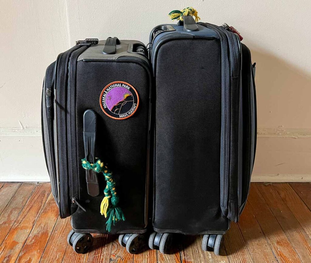 Our two Victorinox brand carry-on suitcases, which we've been using for years. The "global" carryon size is slightly shorter than the US domestic carryon bag size. ©KettiWilhelm2023