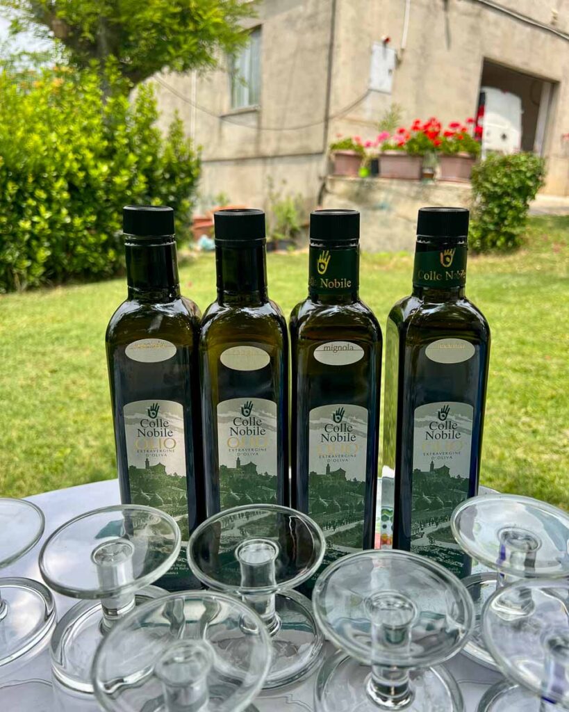 Bottles of sustainably produced Colle Nobile Italian olive oil, which we tasted on on of the best stops during our ebike trip. ©KettiWilhelm2023