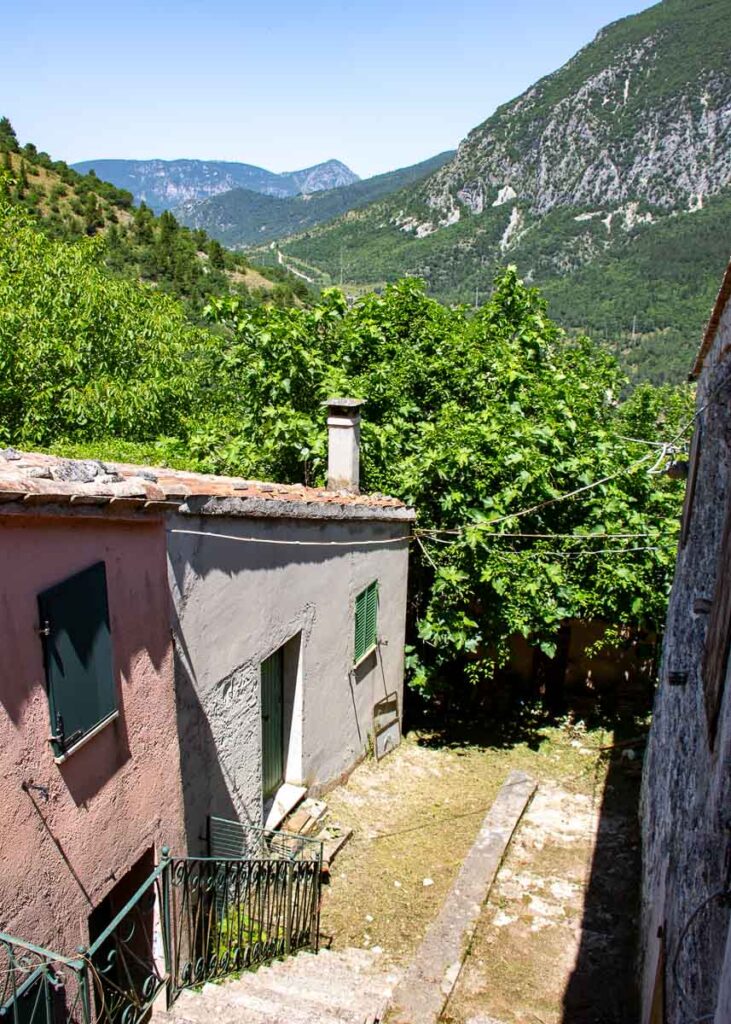 View of the Apennine mountains of Italy, from the abandoned town of San Cristoforo, Marche, which we visited on our ebike tour in Italy, with local tour operator Basecamp523. ©KettiWilhelm2023