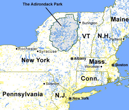 A map of the Adirondacks showing the Northeastern US states and cities.
