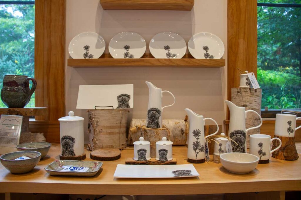 Locally made pottery with images of Adirondack animals sits on a shelf in the gift shop at the Wild Center, in Tupper Lake, NY. ©KettiWilhelm2023
